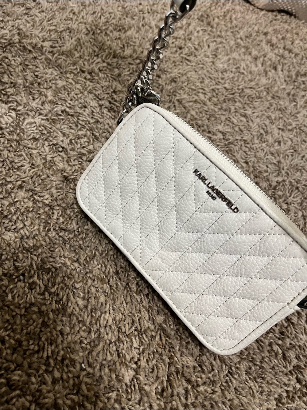 Karl Lagerfeld White Quilted Crossbody with Silver Chain